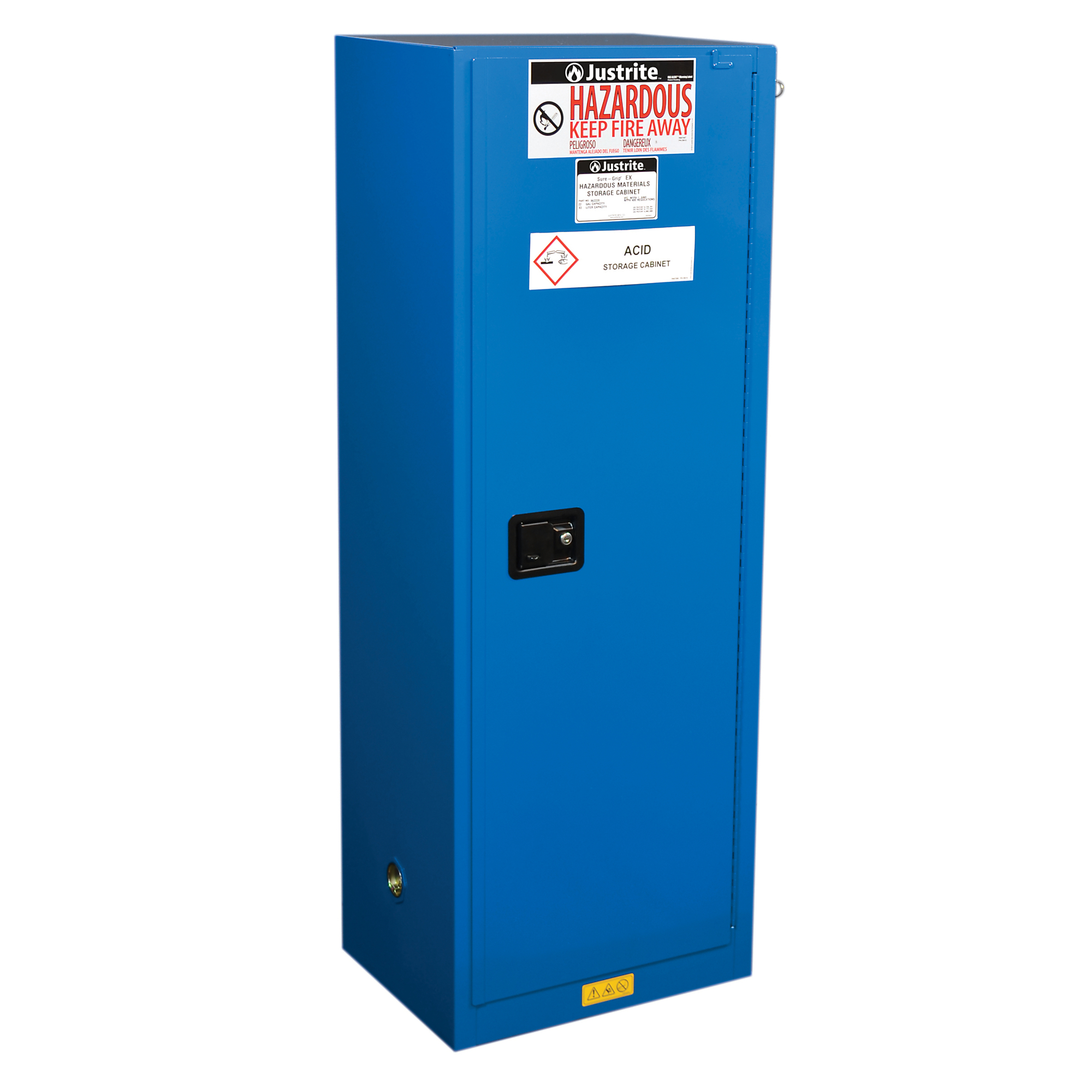 Justrite Sure-Grip EX Slimline Hazardous Material Cabinet — 22 Gallon, 3 Shelf, 1 Self-Close Door, Royal Blue, Model# 862228